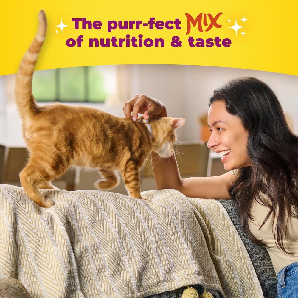 Meow Mix bag beside common items to show 14.2 lb size convenience