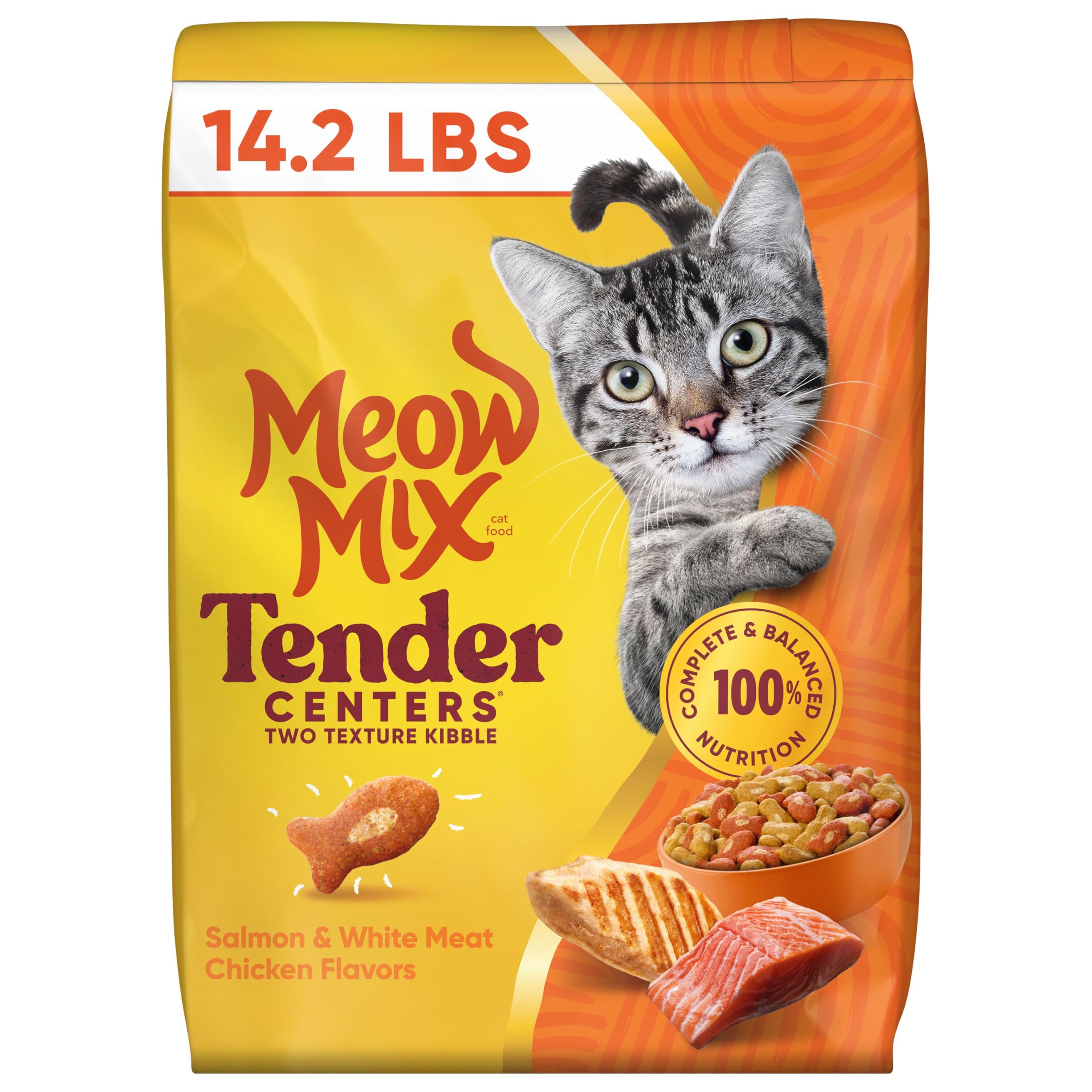 Meow Mix bag front view showing product branding and weight benefit