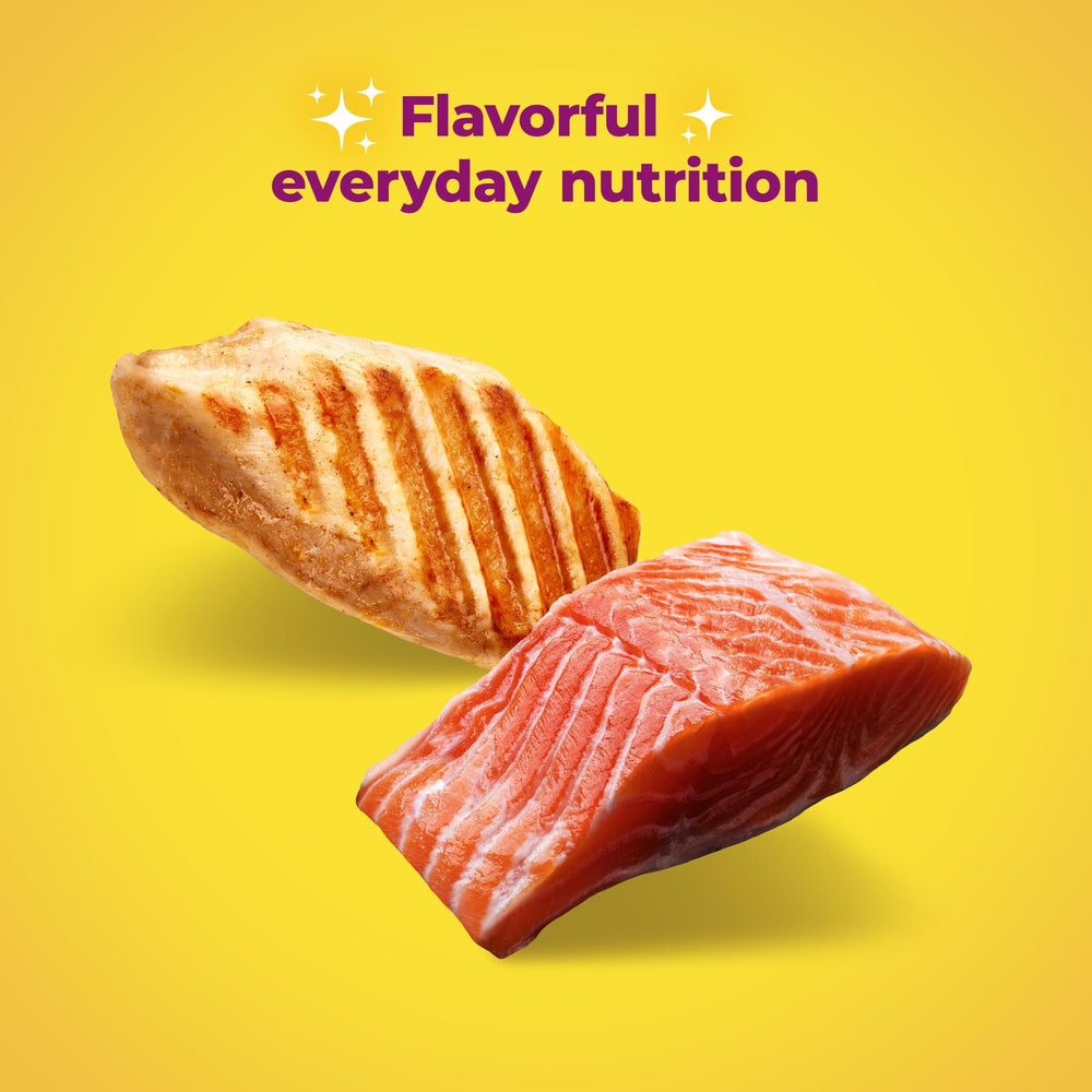 Meow Mix nutrition label close-up showing complete balanced benefits