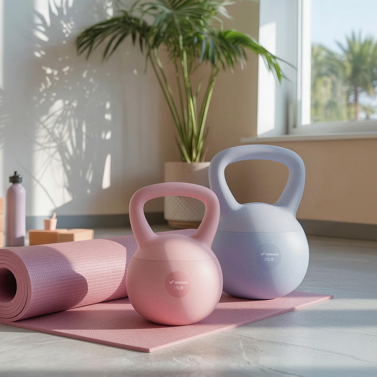 MERACH kettlebell in home gym lifestyle scene suggests apartment-friendly training