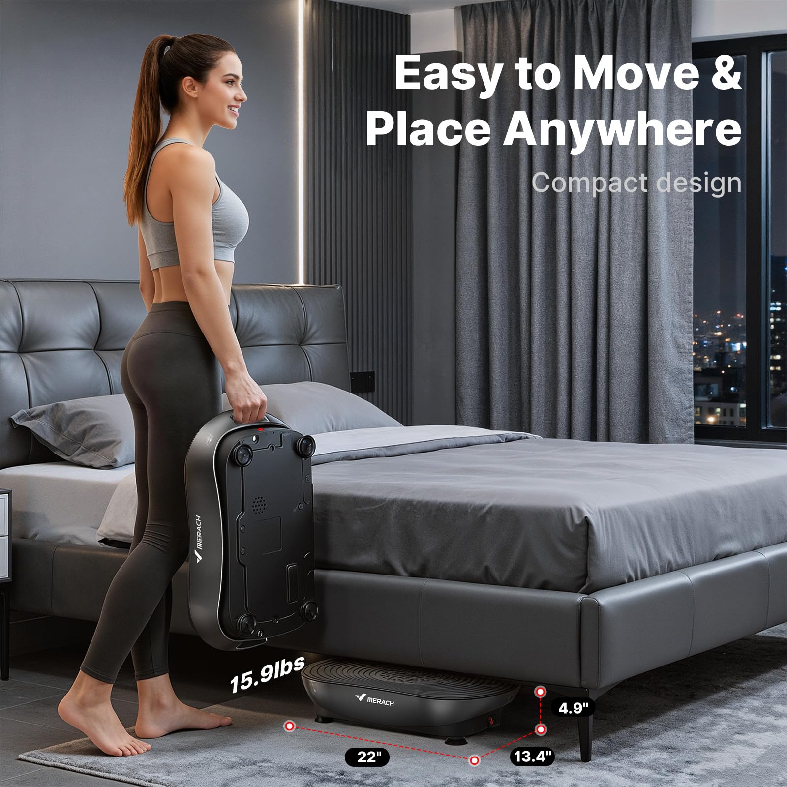 MERACH V33 Pro in a home gym setting illustrating discreet placement and daily use