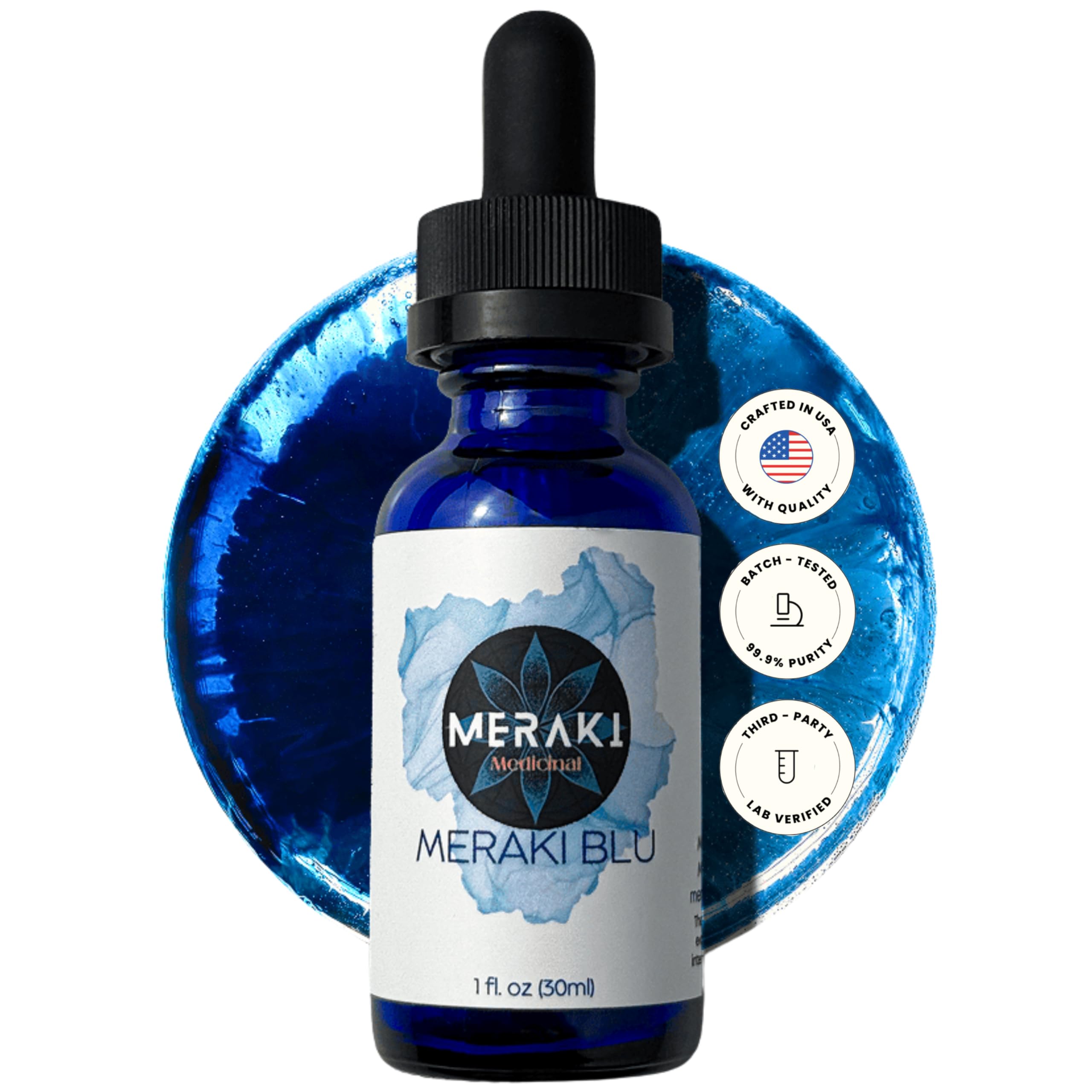 Meraki Medicinal front label on 30 mL amber bottle showing product name
