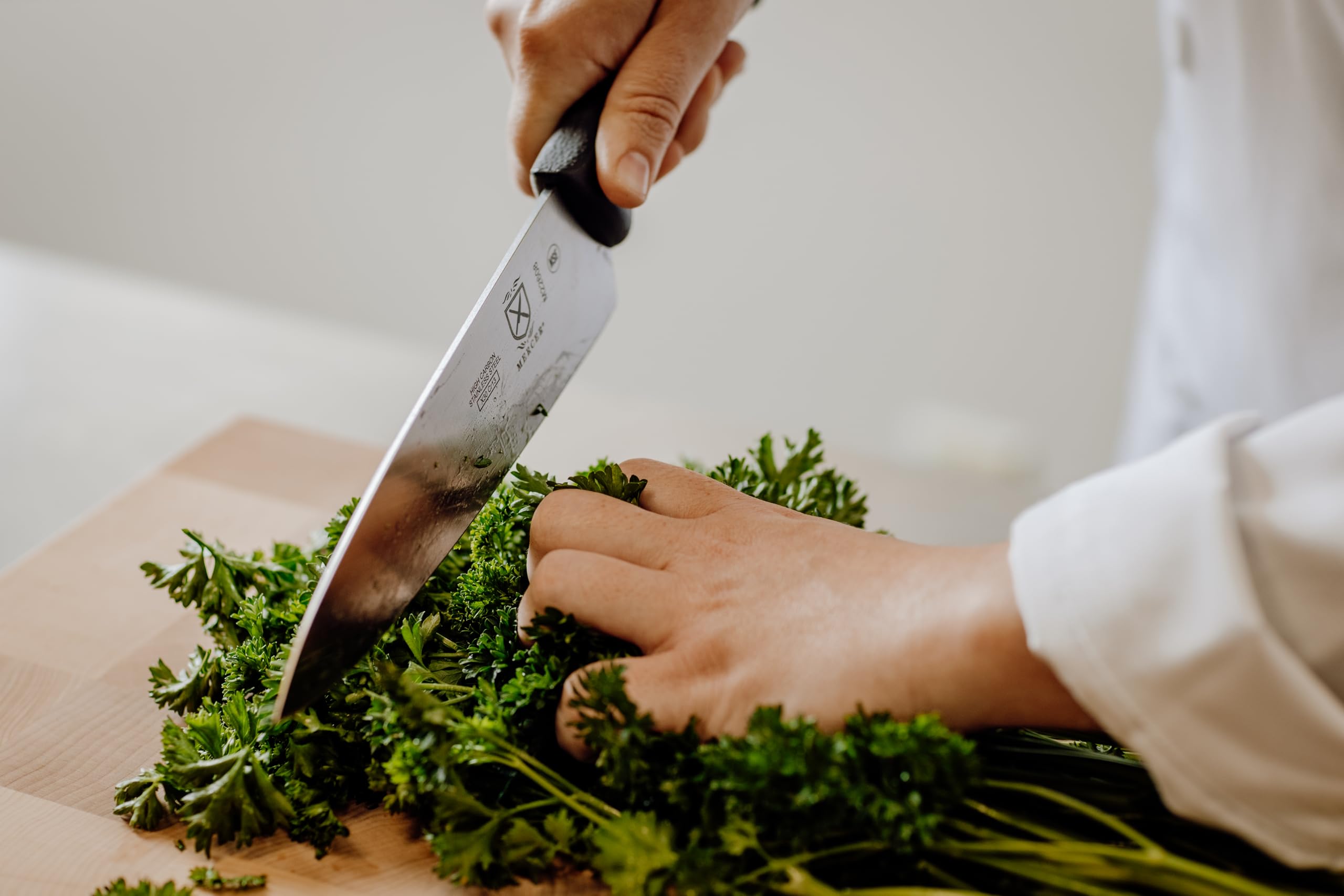 Mercer Culinary blade edge detail of Millennia knife demonstrating high-carbon steel sharpness and precision