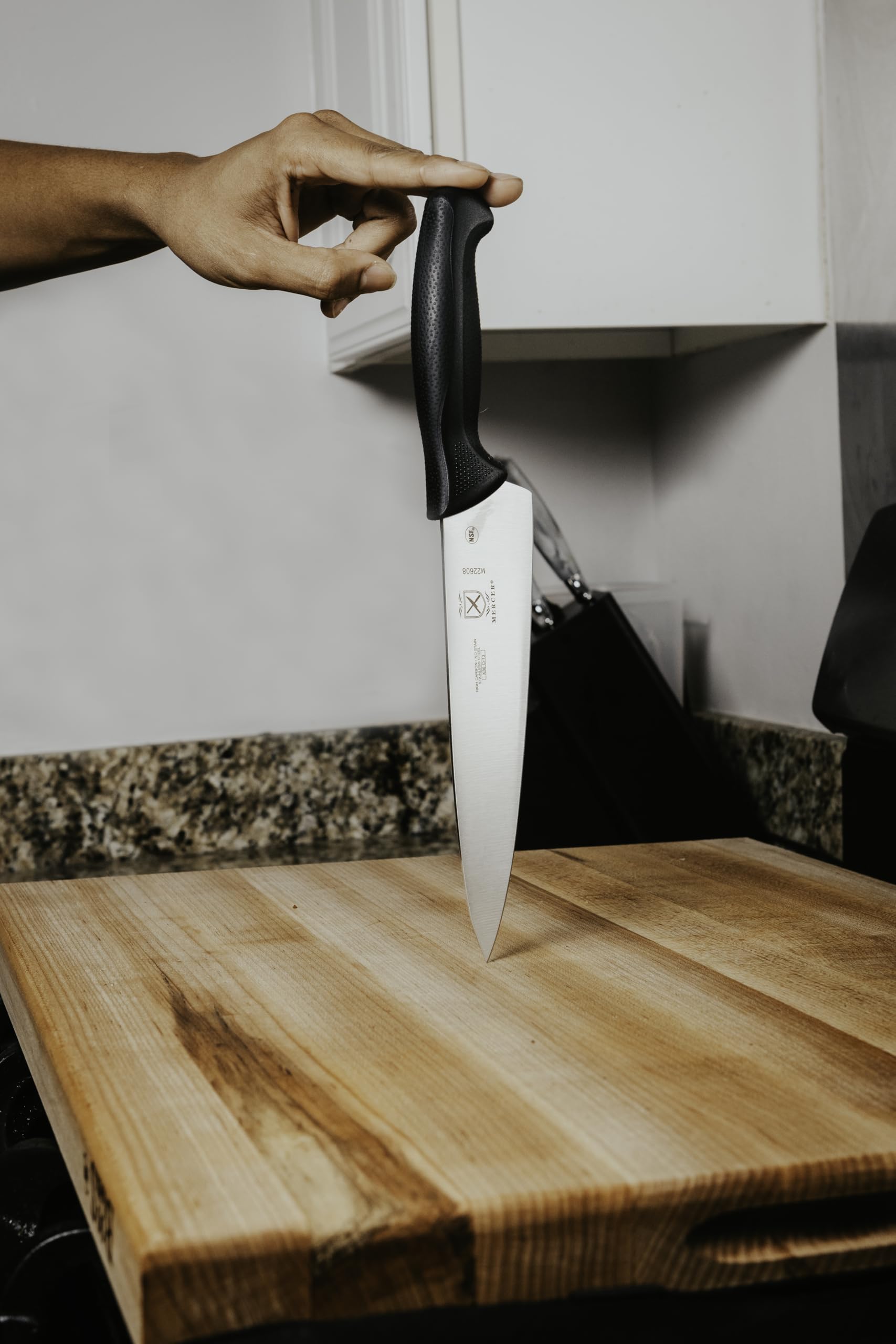 Mercer Culinary packaging and markings on Millennia knife showing model info and professional finish