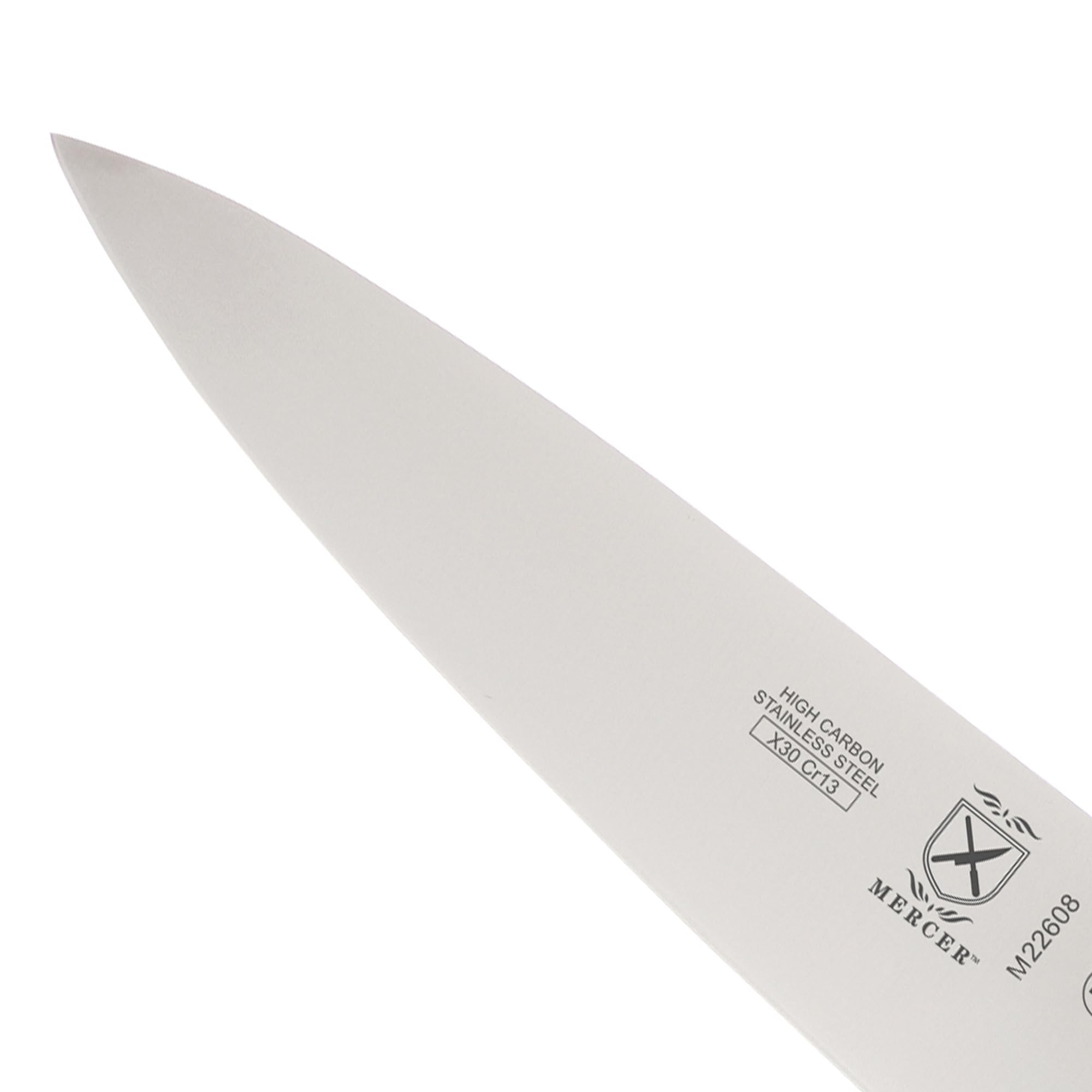 Mercer Culinary scale comparison of Millennia 8-inch knife on cutting board showing practical size