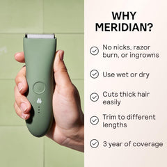 MERIDIAN ceramic blade close-up highlighting smooth-edge shave to reduce irritation