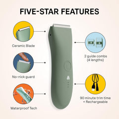 MERIDIAN trimmer held in hand to show size and ergonomic control for precise grooming