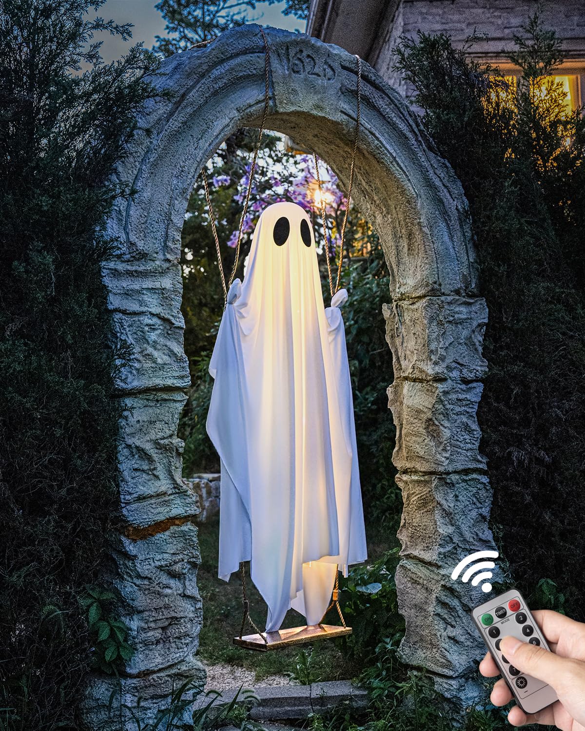 MERKYO ghost on a porch creating festive neighborhood charm
