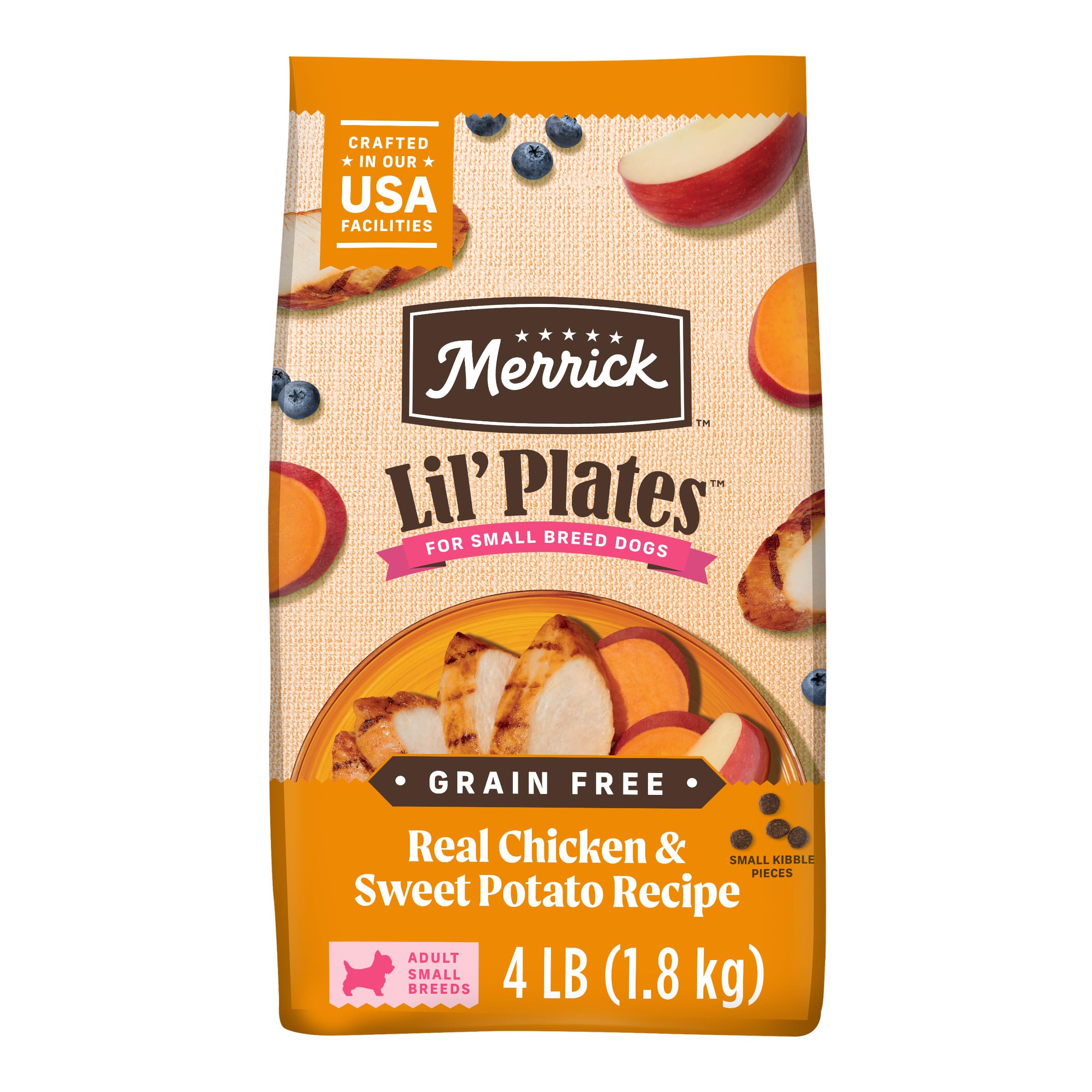 Merrick front pack showing Lil' Plates 4 lb bag with clear benefits
