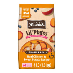 Merrick front pack showing Lil' Plates 4 lb bag with clear benefits