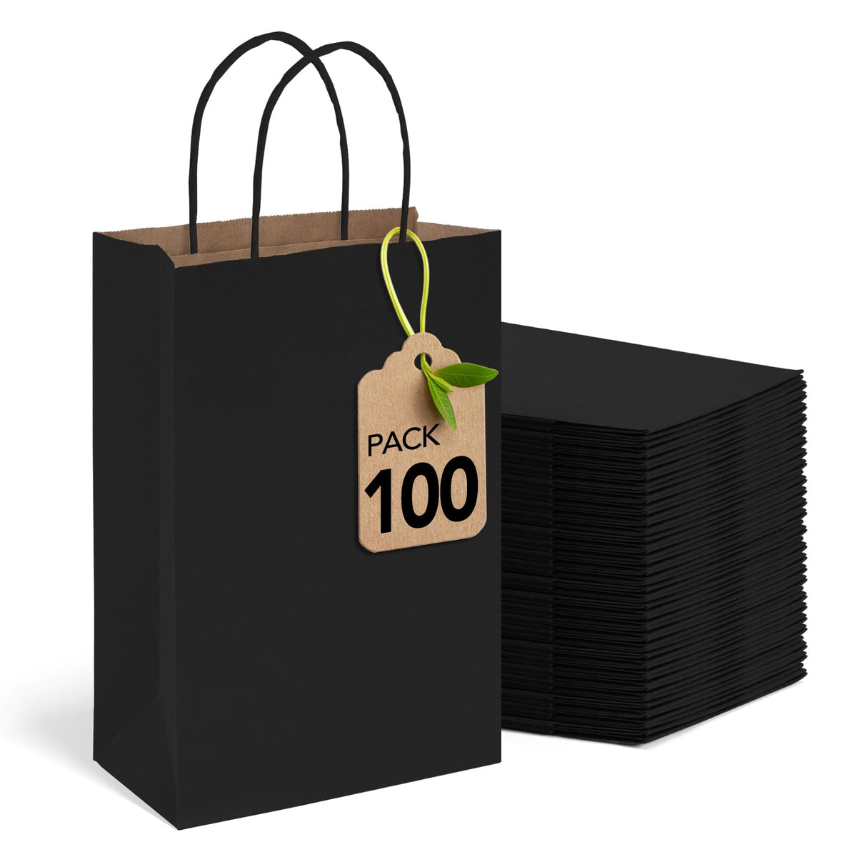 MESHA black gift bags front packaging showing 100-pack and tidy appearance for bulk use