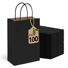 MESHA black gift bags front packaging showing 100-pack and tidy appearance for bulk use