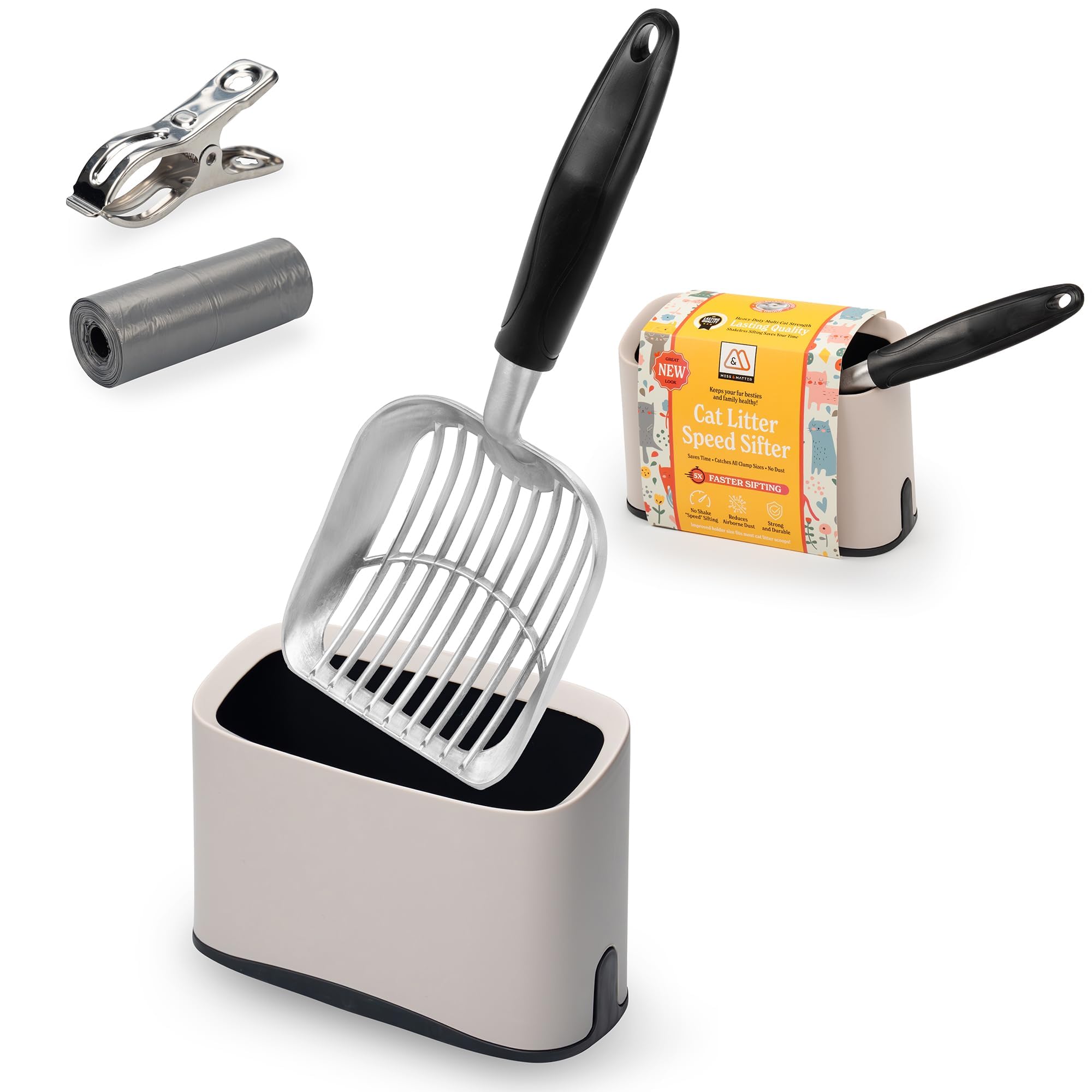 Mess & Matter metal scoop front view showing sturdy build and quick cleaning benefit