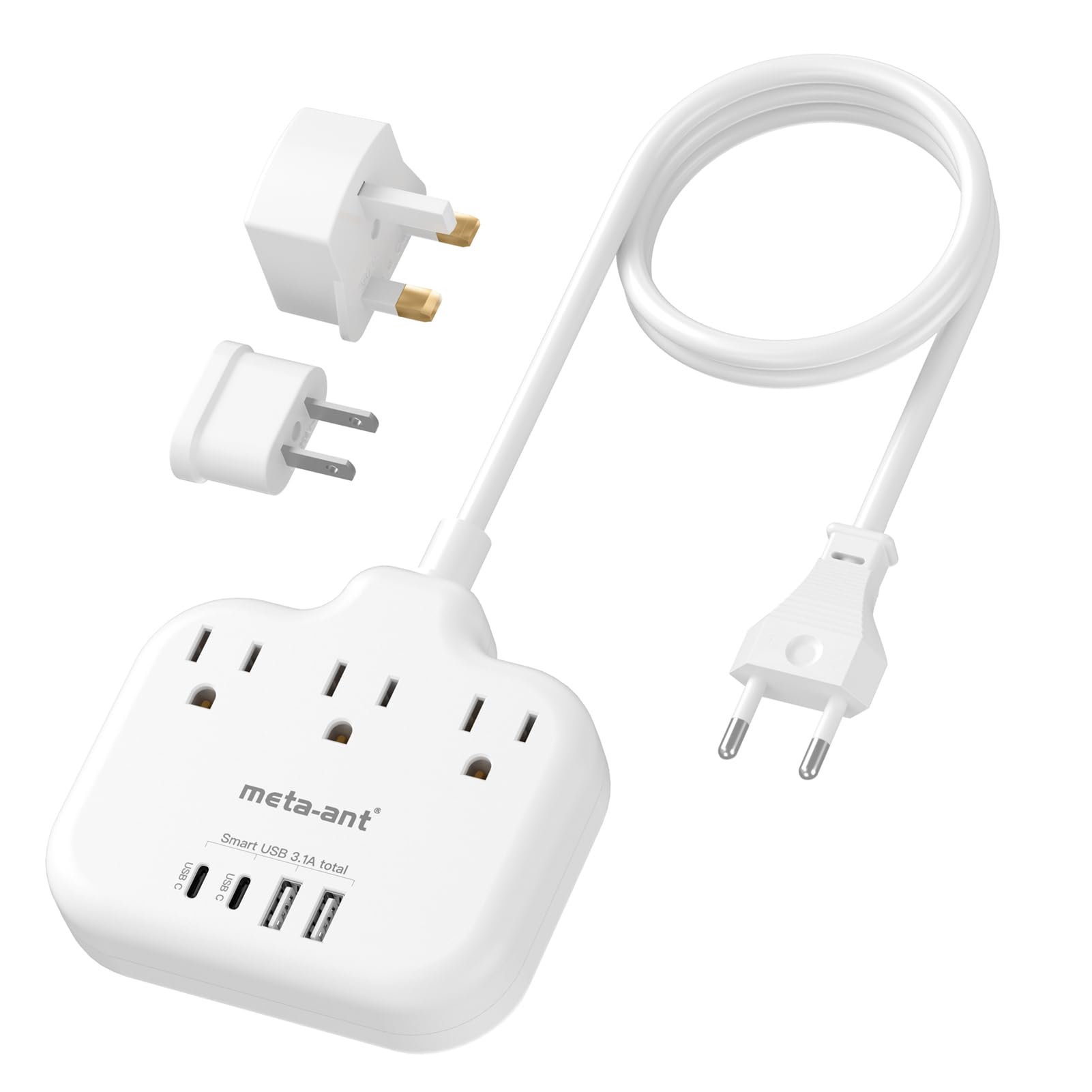 meta-ant front view of European adapter showing outlets and USB ports for easy charging