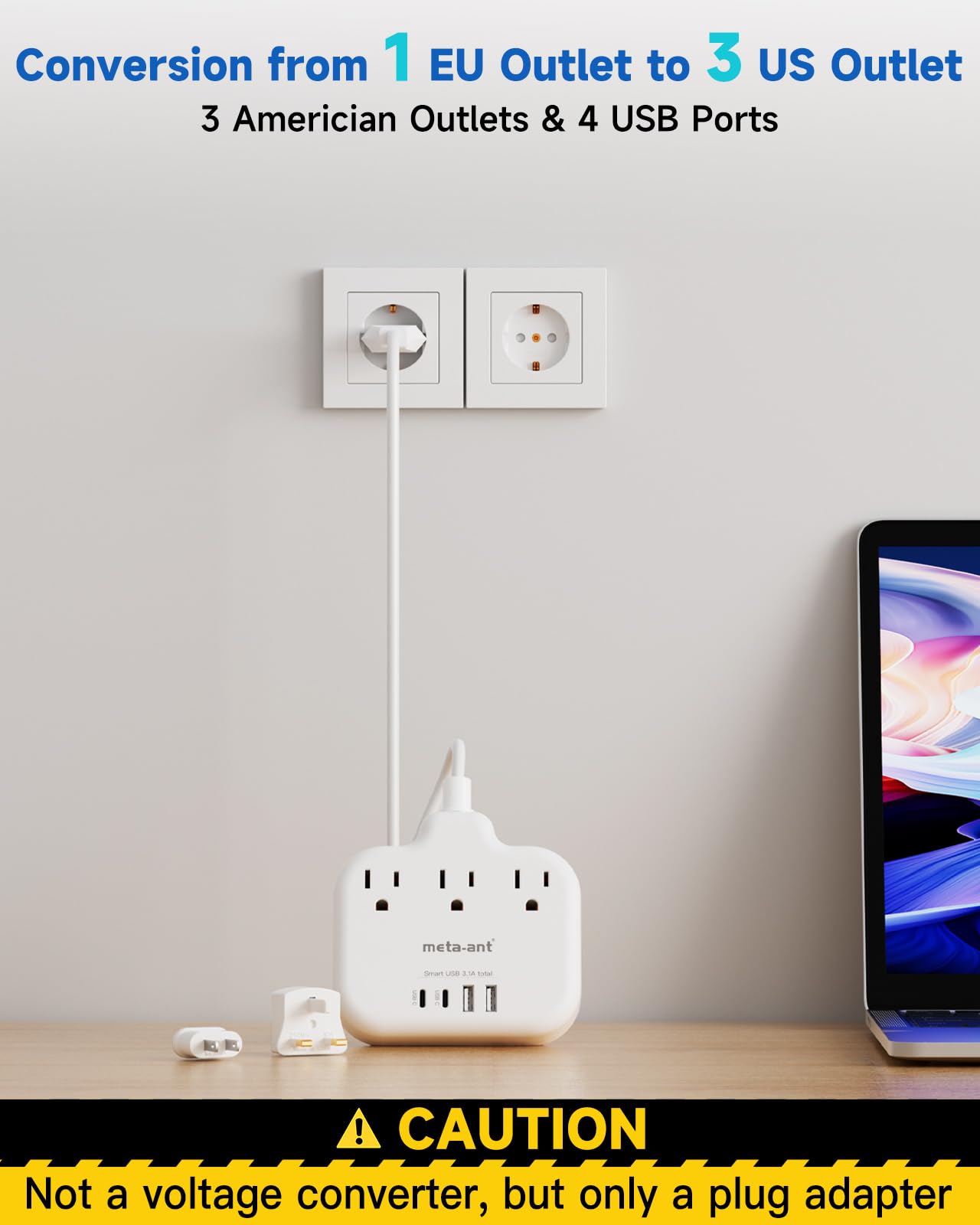 meta-ant on hotel nightstand charging multiple devices for convenient travel use