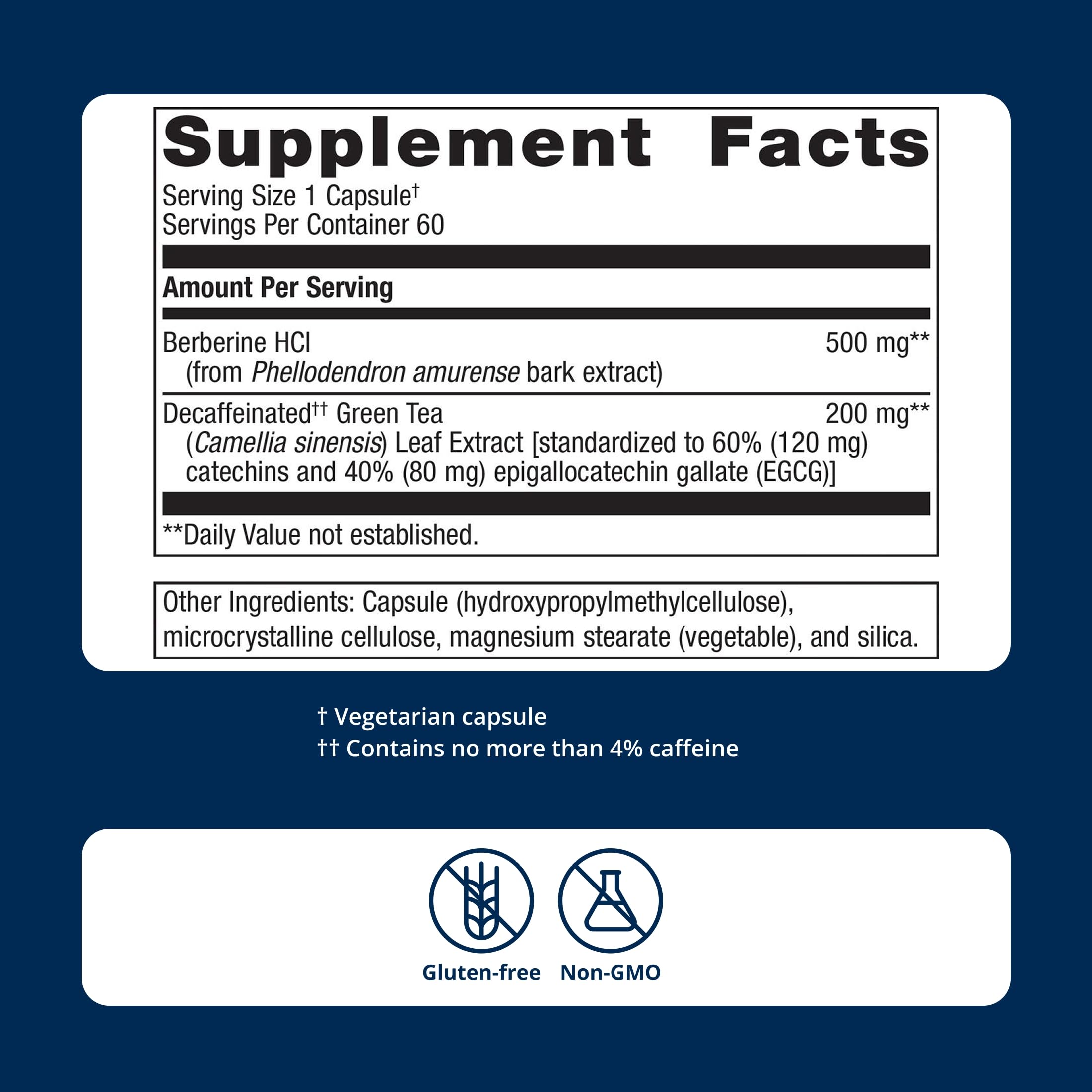 Metagenics product label close-up showing berberine 500 mg and non-GMO