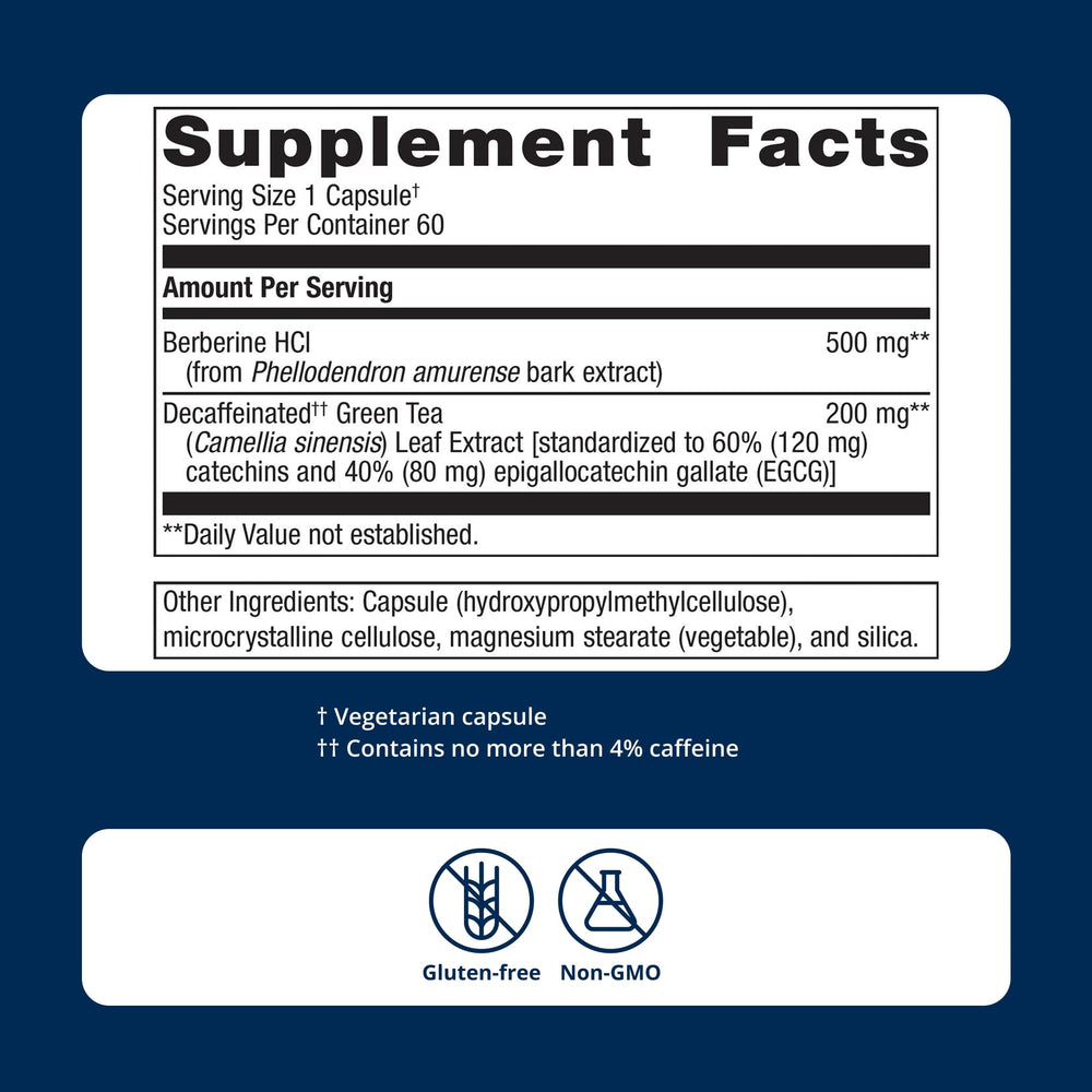 Metagenics product label close-up showing berberine 500 mg and non-GMO