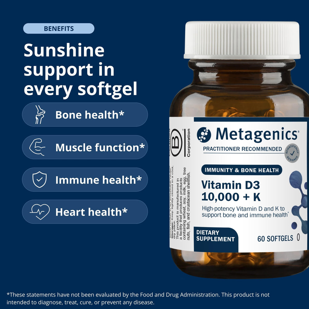 Metagenics bottle open with softgels spread to show count and convenient daily supply