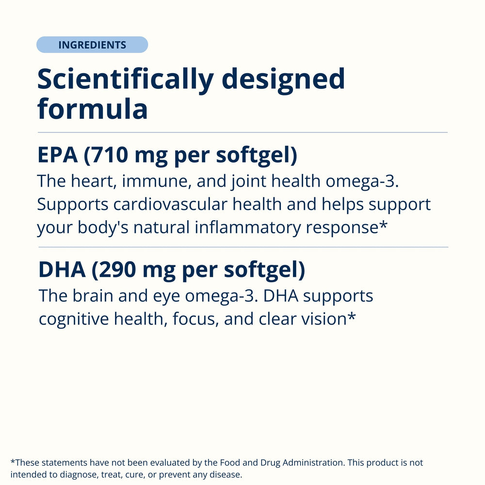 Metagenics label close-up showing potency, EPA+DHA amounts, and facts