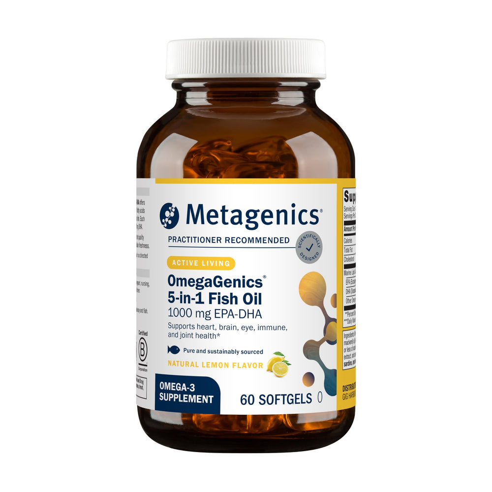 Metagenics bottle front showing OmegaGenics label and dosage benefits