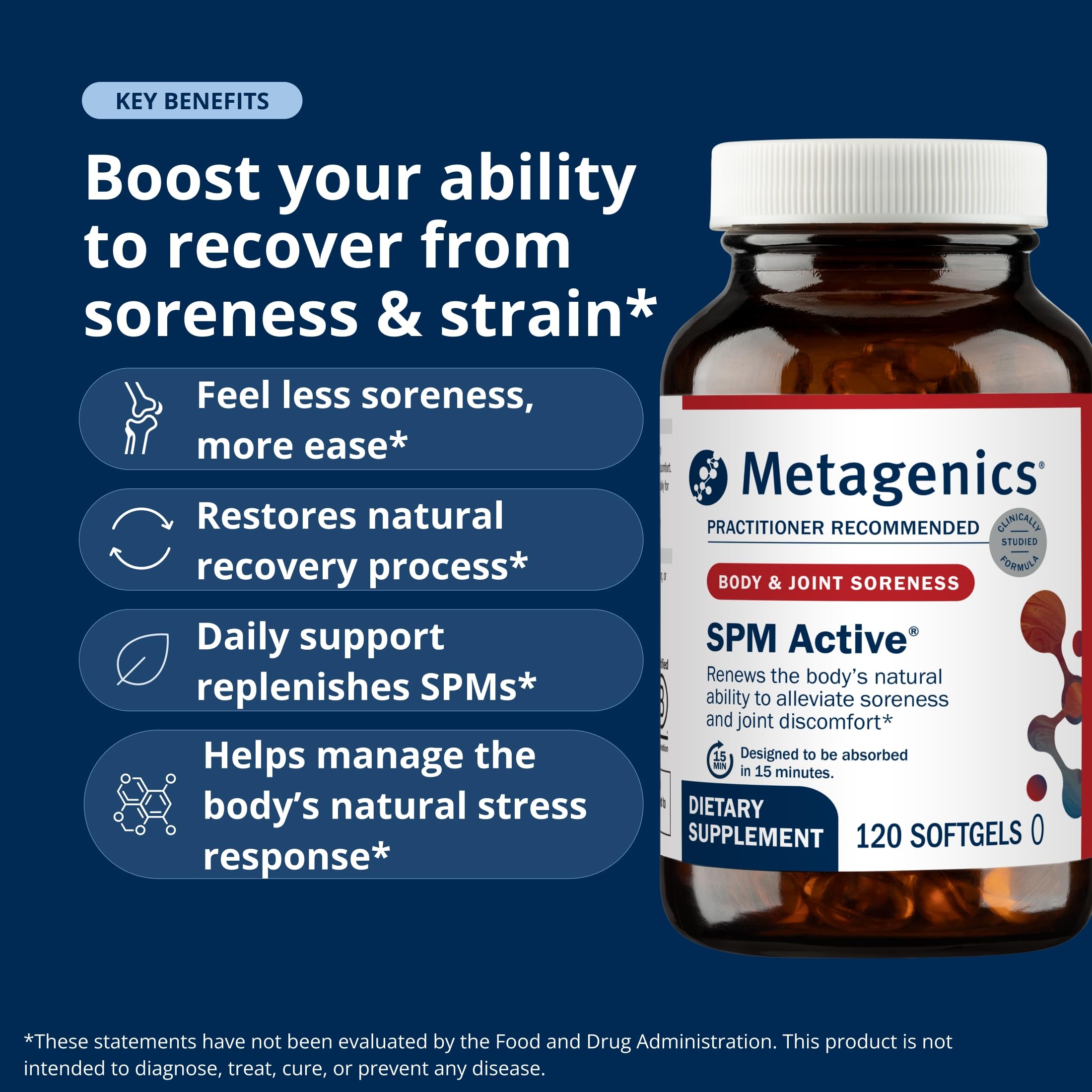 Metagenics SPM Active bottle with loose softgels depicting easy daily dosing