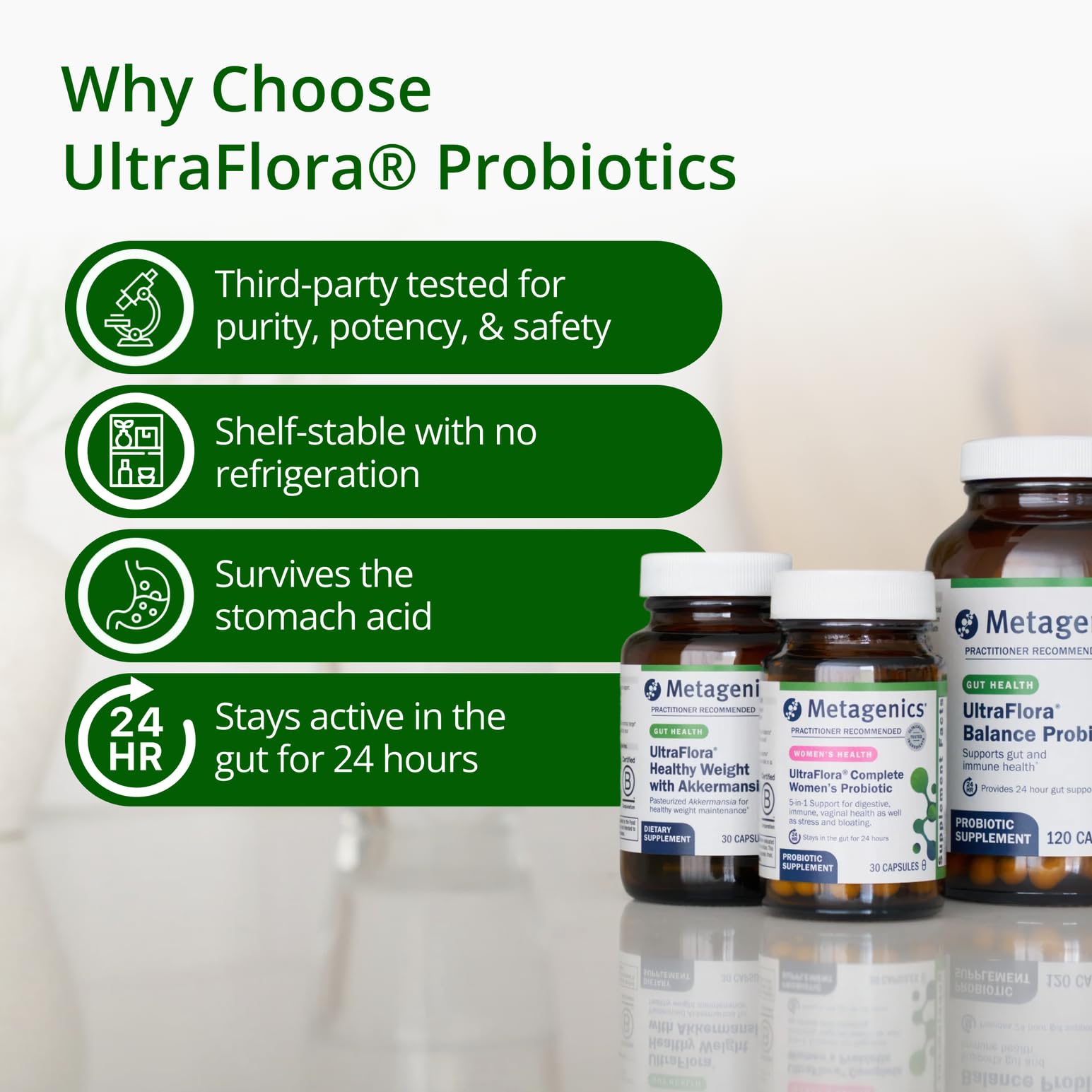 Metagenics UltraFlora bottle on bathroom shelf for daily routine