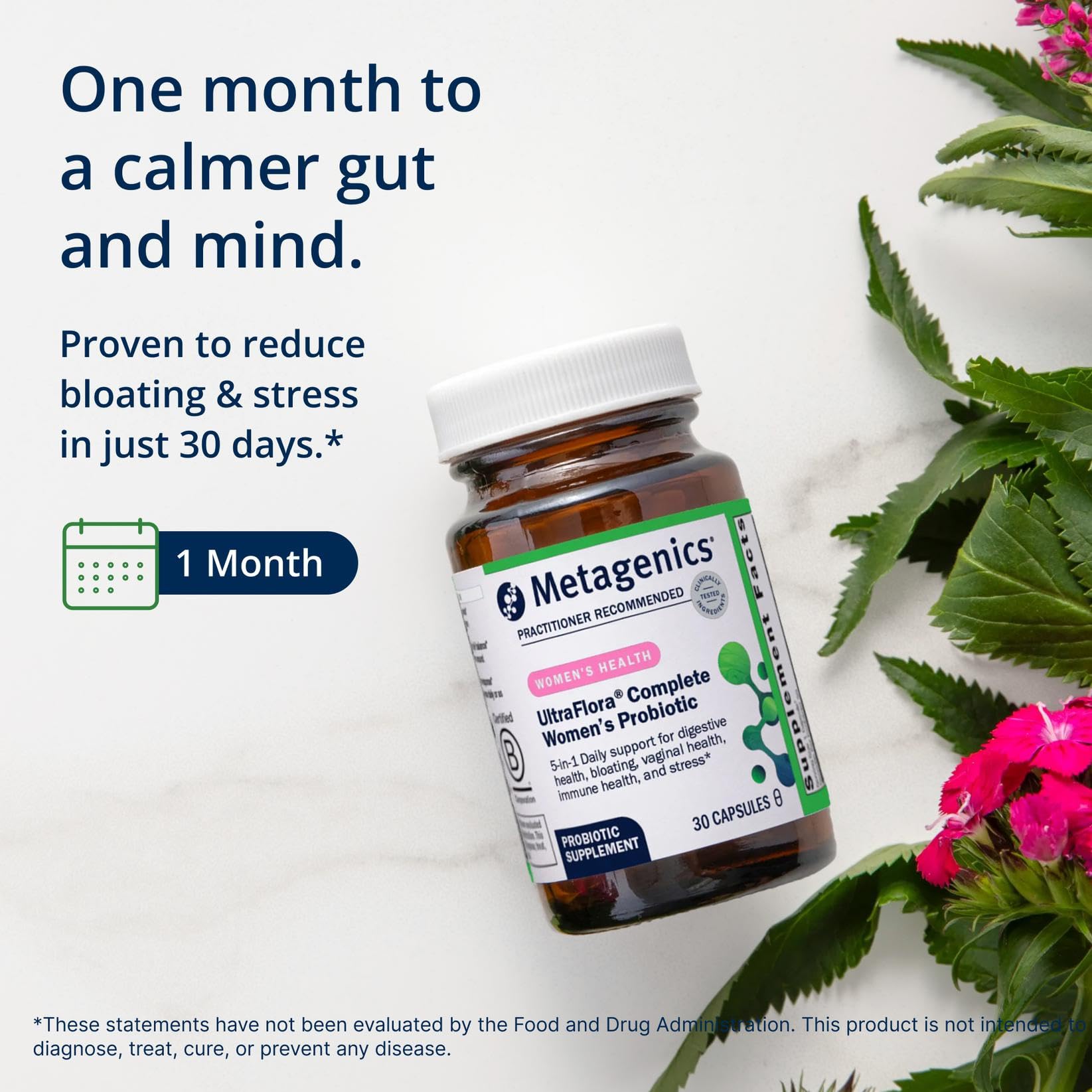 Metagenics UltraFlora open pouch with thirty capsules displayed