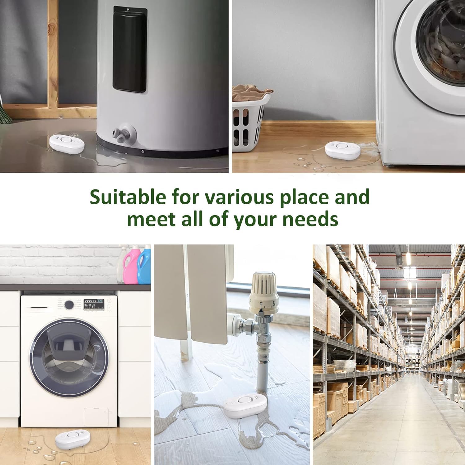 METAK detector mounted under washing machine demonstrating early leak detection benefit