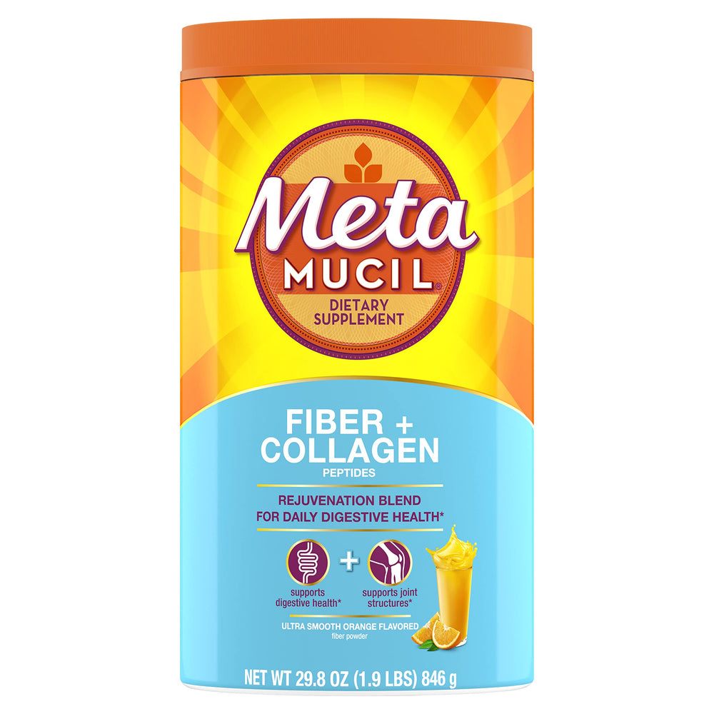 Metamucil front canister showing brand and orange flavor benefits