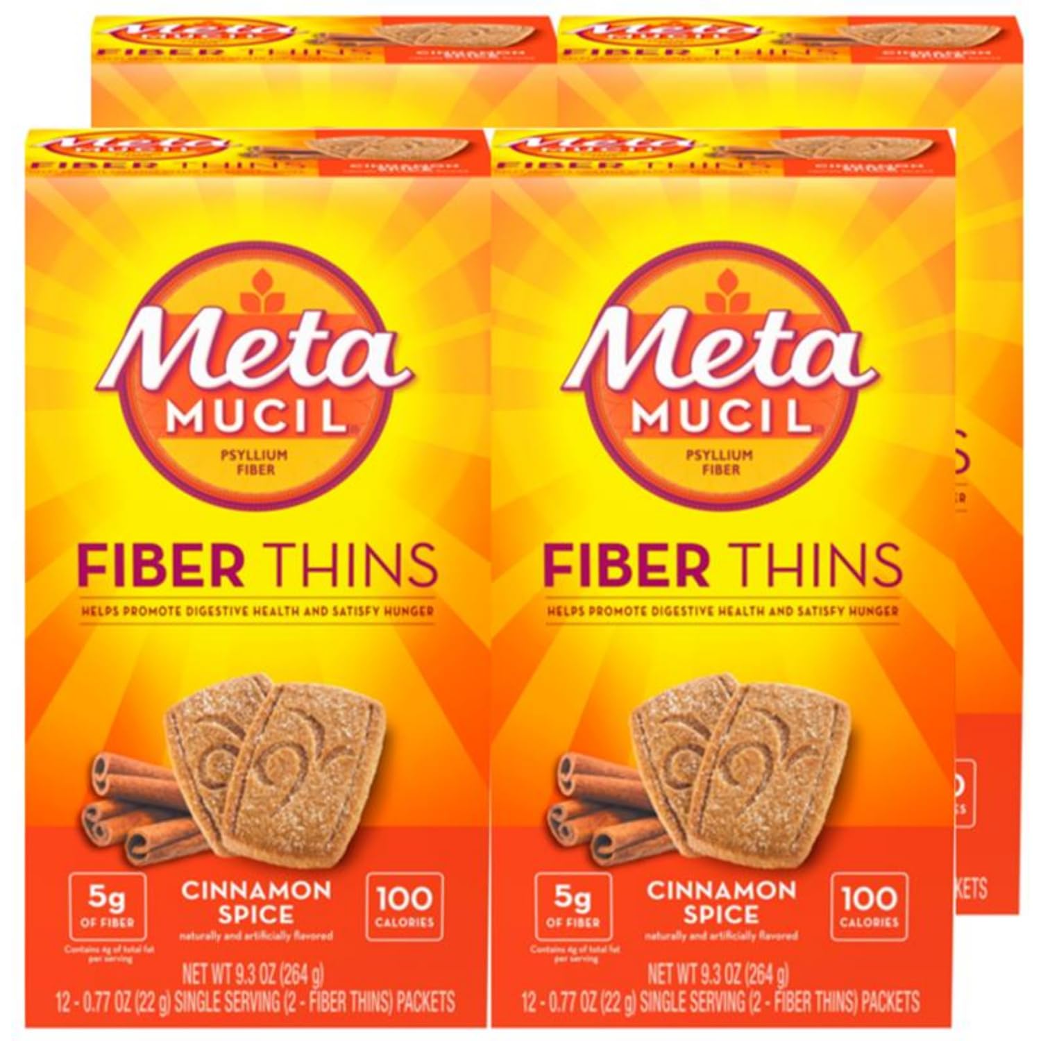 Metamucil front packaging showing cinnamon spice flavor and fiber benefit