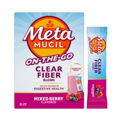Metamucil front packaging showing mixed berry sticks and benefits