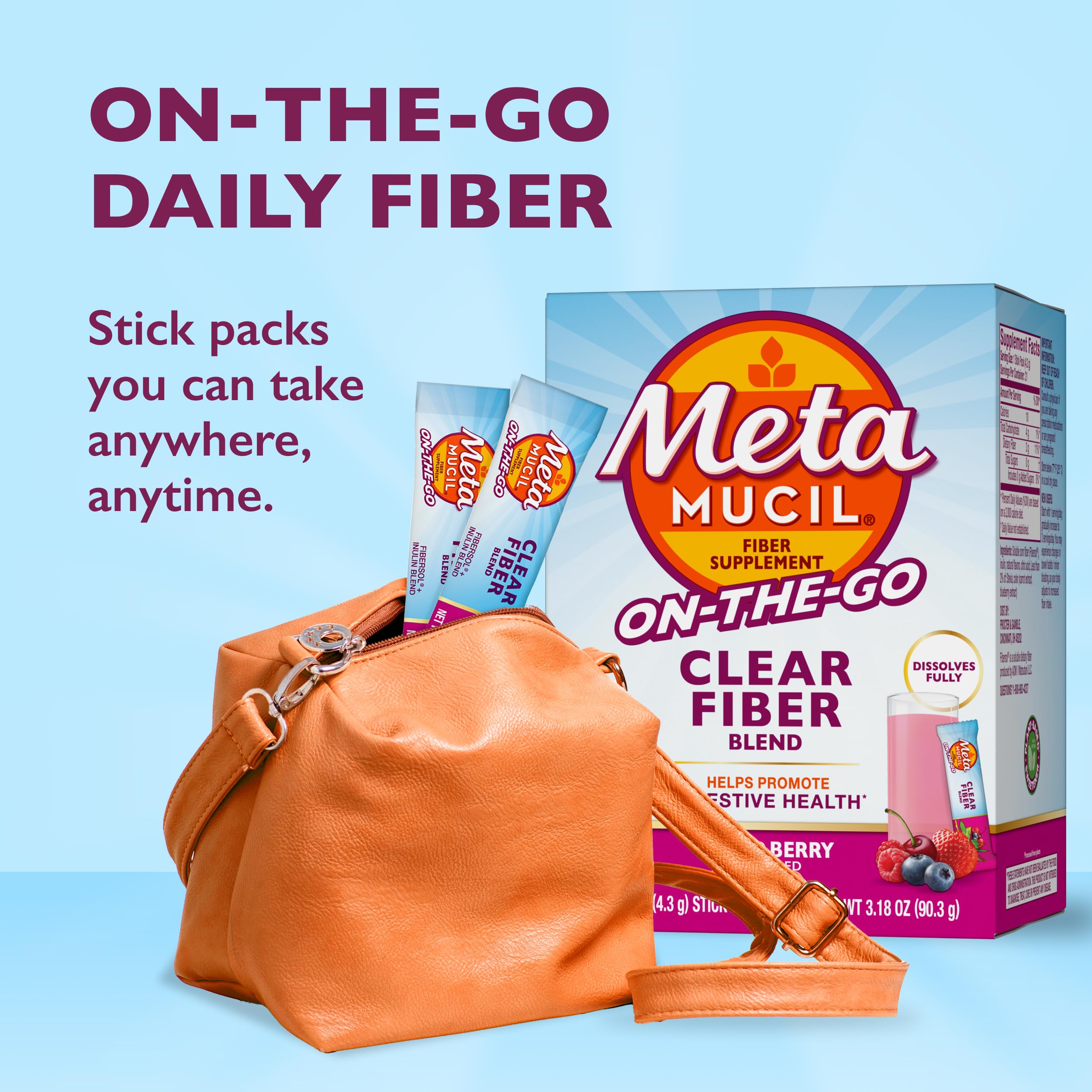Product label close-up listing Metamucil ingredients and plant-based benefit
