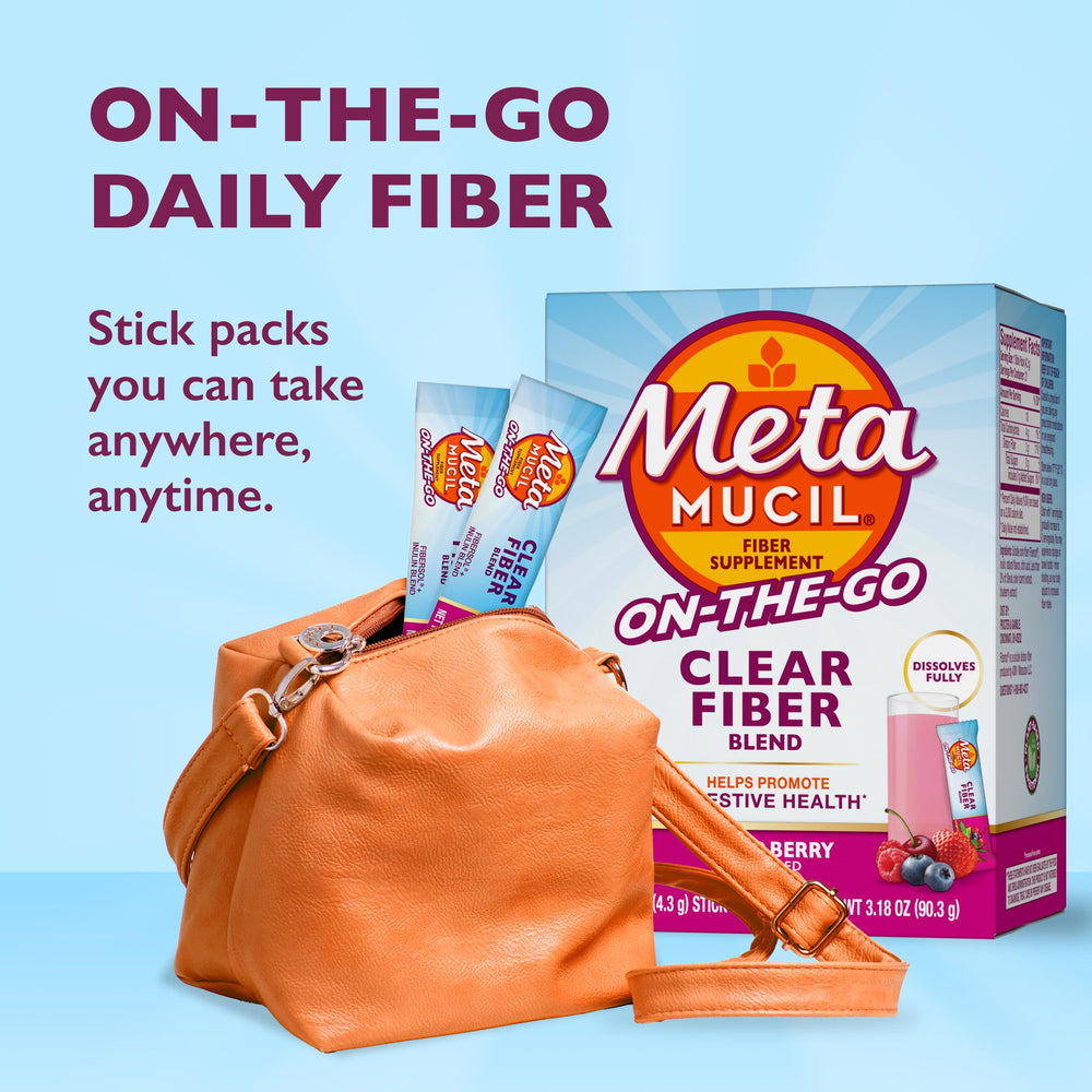 Product label close-up listing Metamucil ingredients and plant-based benefit