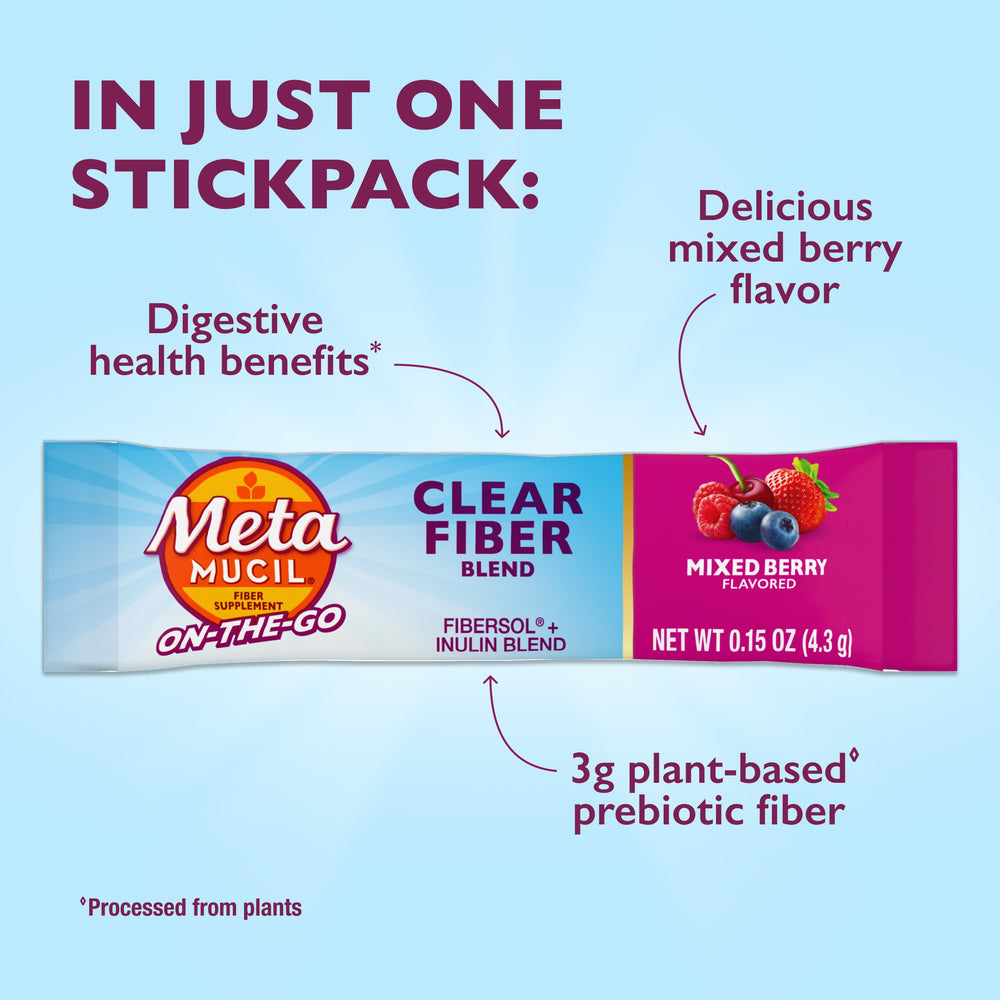 Close-up of a Metamucil stick pack highlighting easy tear-open convenience