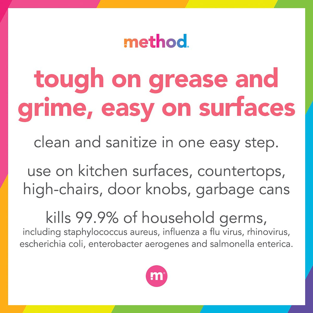 Method Citron spray in action on a countertop demonstrating quick grease lift and cleaning