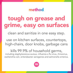 Method Citron spray in action on a countertop demonstrating quick grease lift and cleaning
