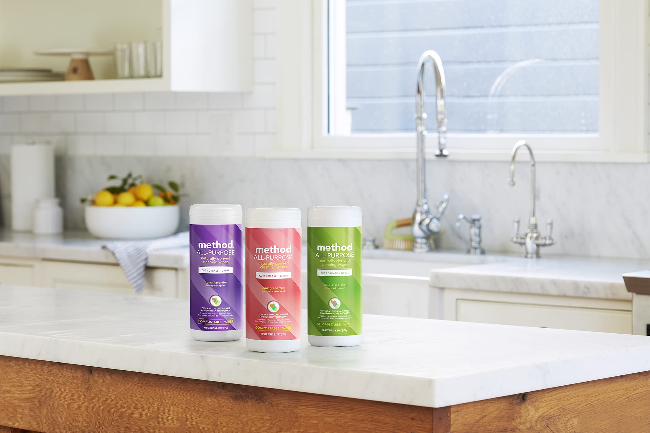 Method kitchen lifestyle cleanup with wipe on countertop delivering convenient everyday cleaning