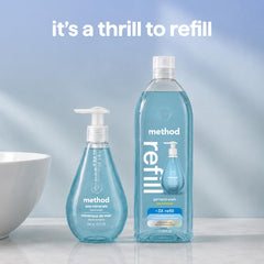 Method refill being poured into a pump bottle showing easy refill and reduced waste