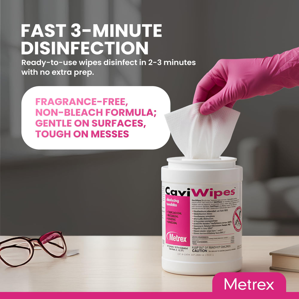 Metrex CaviWipes case of 12 stacked canisters illustrating bulk supply for high-traffic facilities