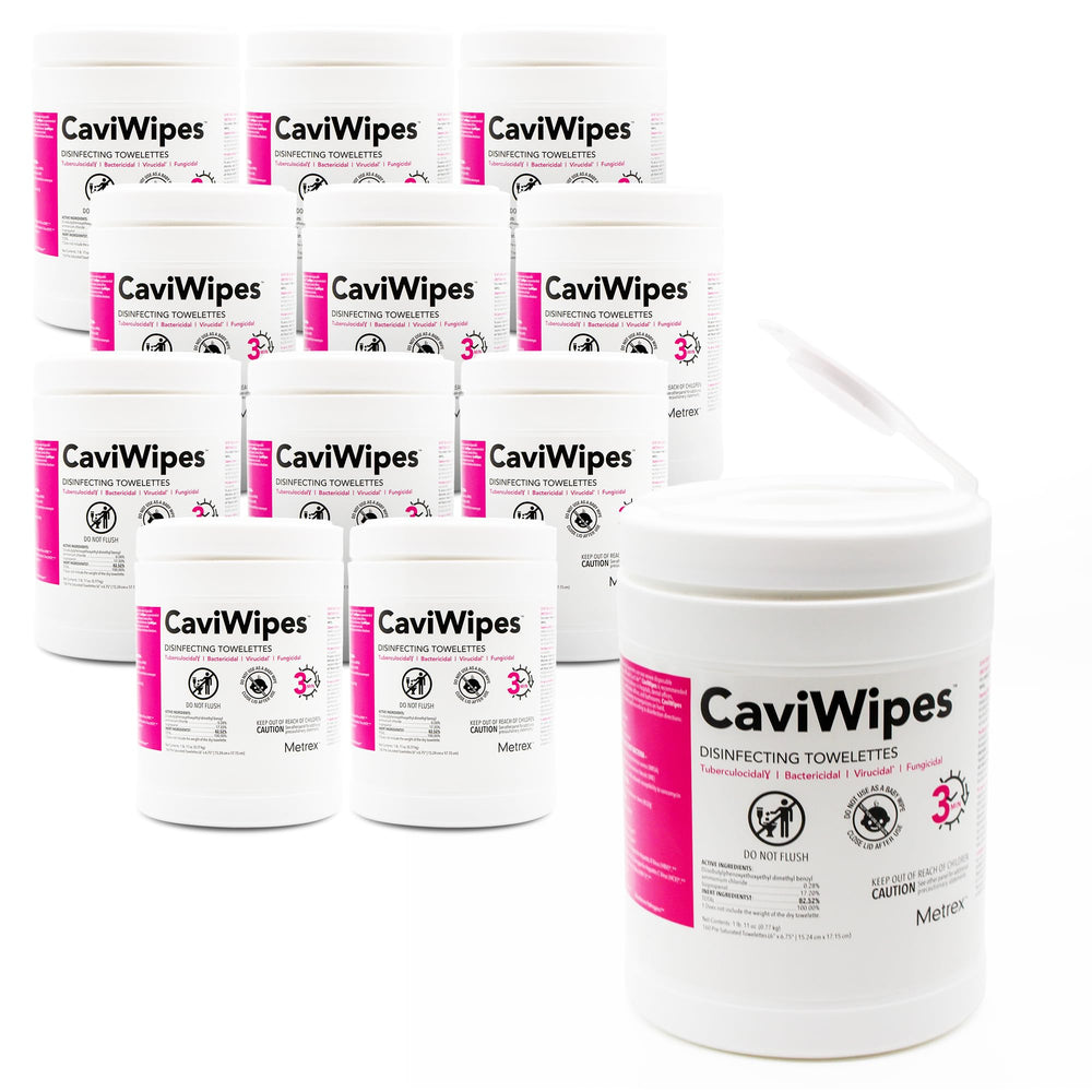 Metrex CaviWipes front canister showing brand and count for quick identification and supply planning