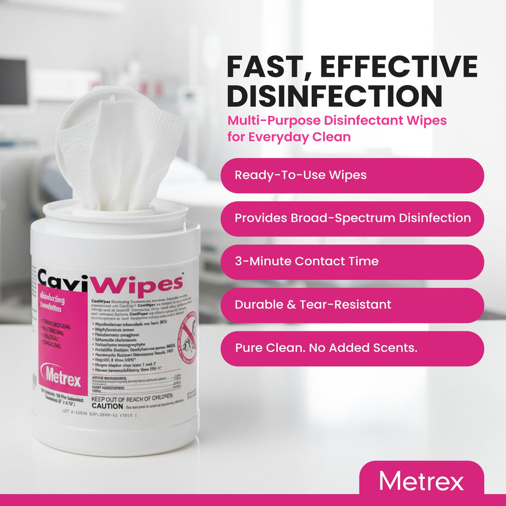 Metrex CaviWipes label close-up highlighting disinfectant type and three-minute contact time for confidence
