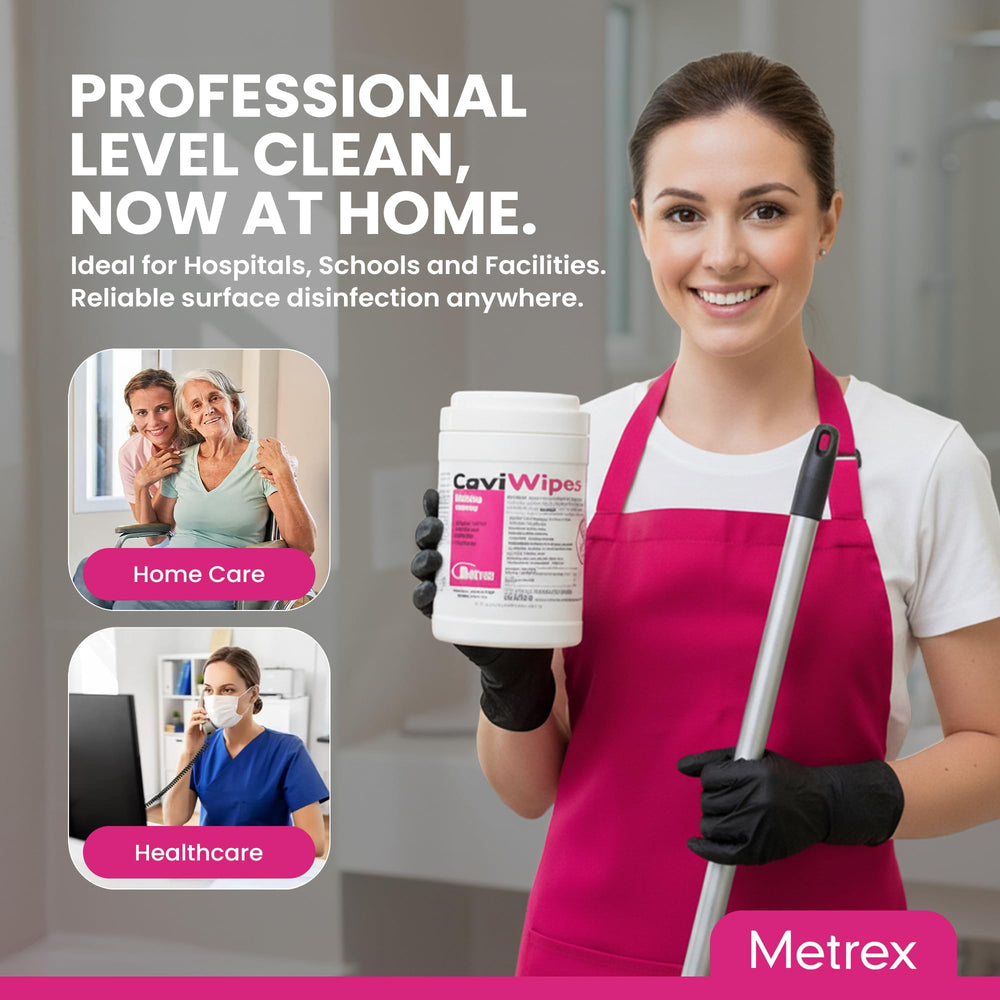 Metrex CaviWipes open canister with a wipe being dispensed to show one-handed convenience and contamination control