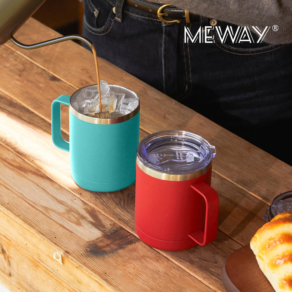 MEWAY mug on camping table demonstrating outdoor use and thermal retention