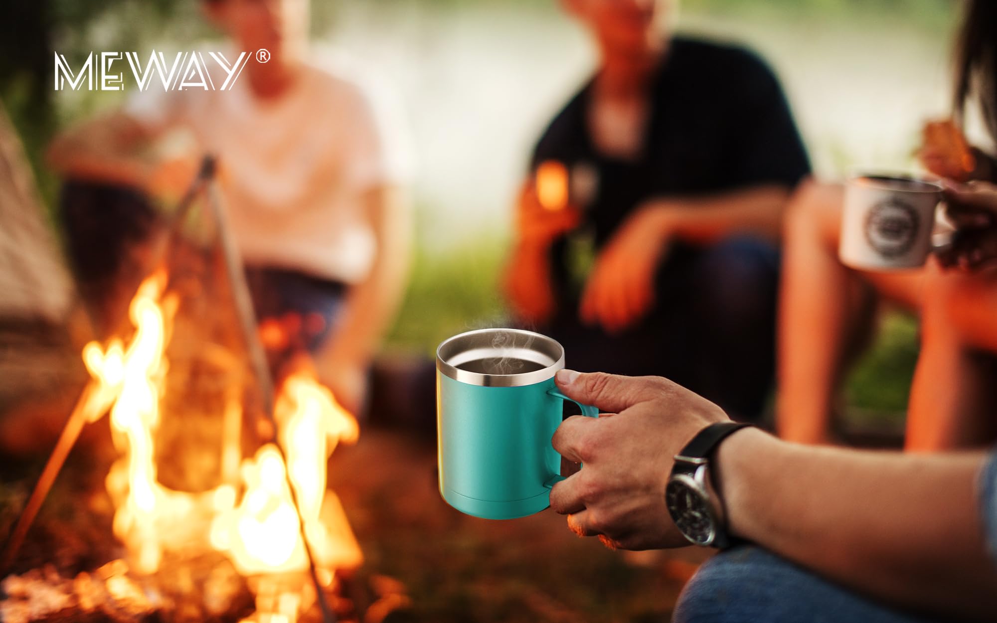MEWAY mug beside a phone to show 12oz scale and everyday portability