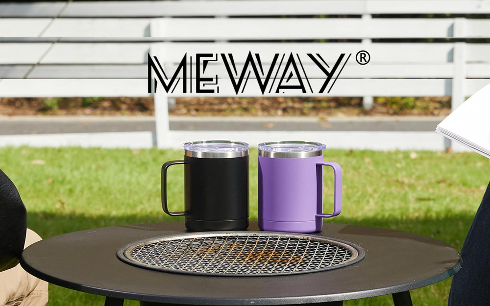 MEWAY travel mug on a camping table showing outdoor durability and insulation
