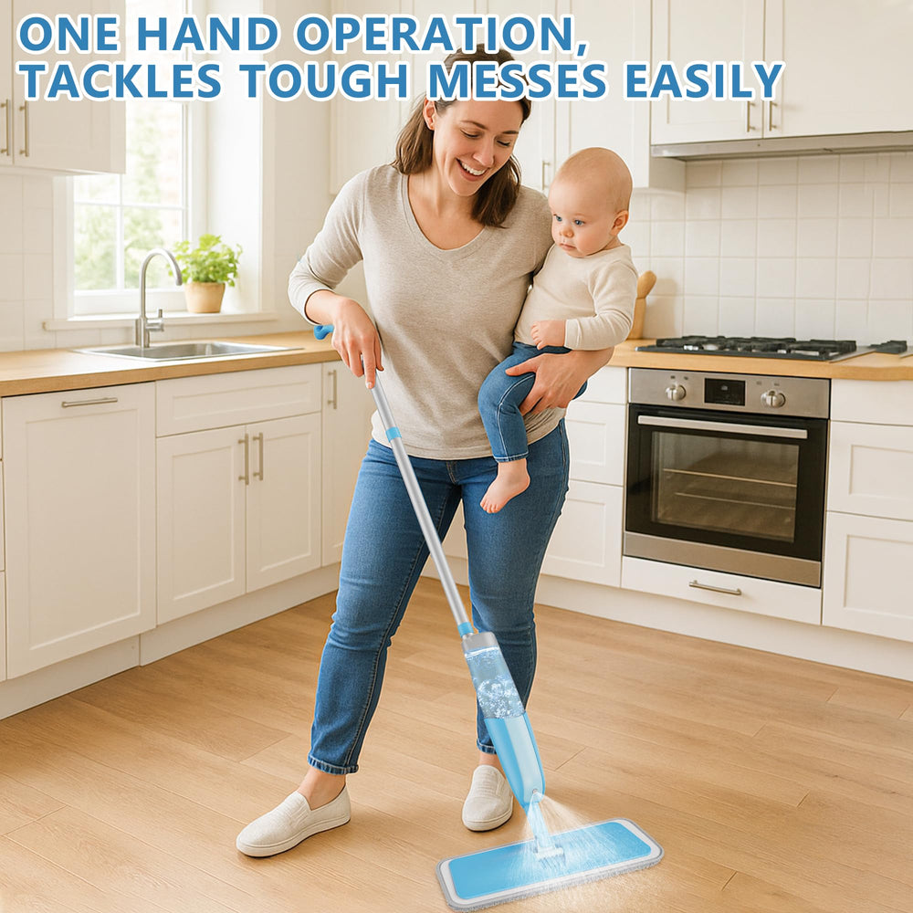 MEXERRIS mop next to hand to show lightweight portable size and control