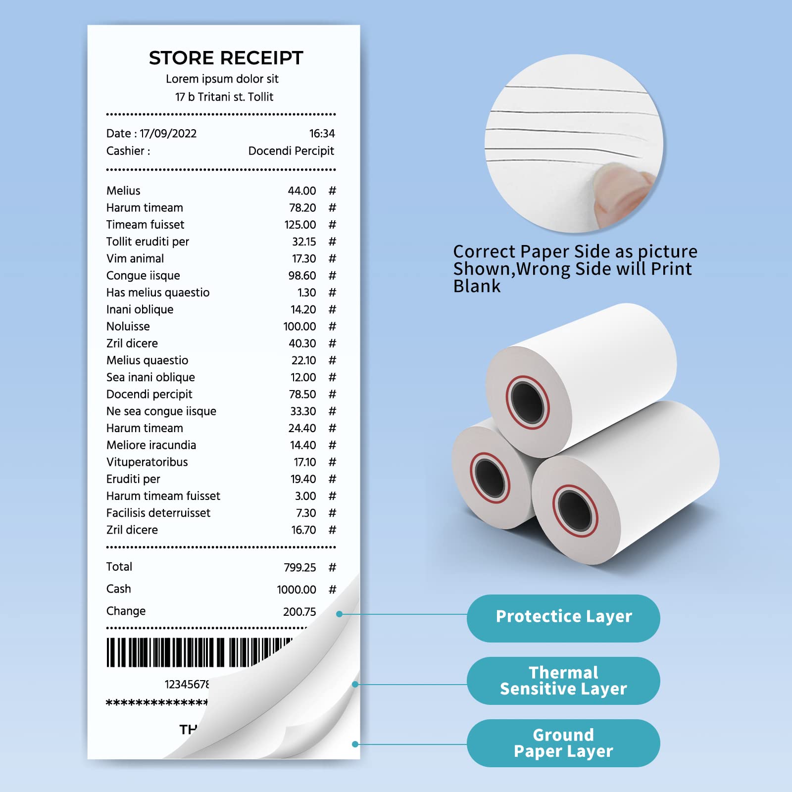 MFLABEL clear printed receipts and barcode close-up showing high-contrast legibility