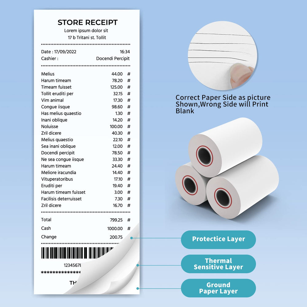 MFLABEL clear printed receipts and barcode close-up showing high-contrast legibility