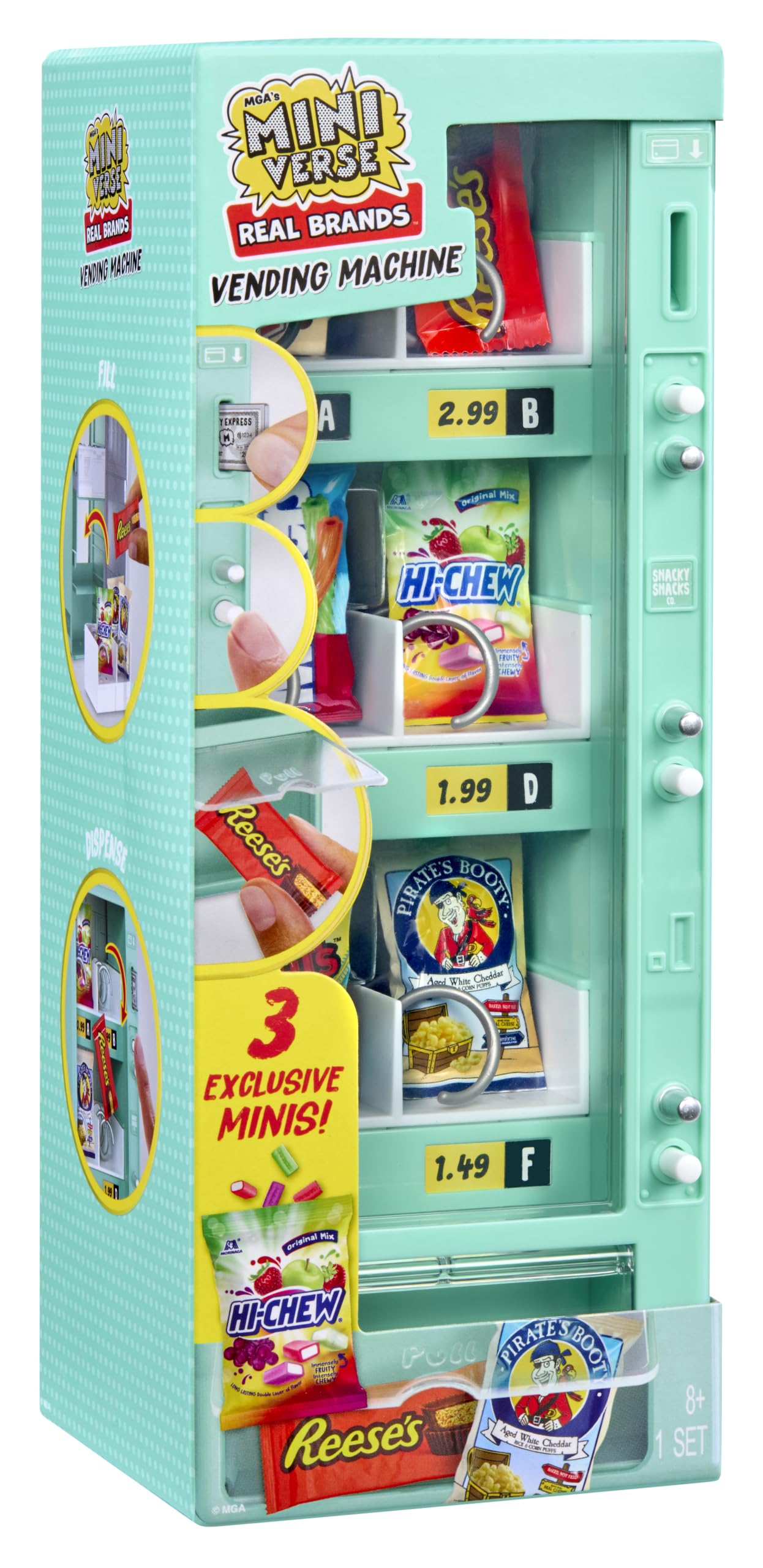 MGA's Miniverse vending machine front packaging showing toy and minis benefits