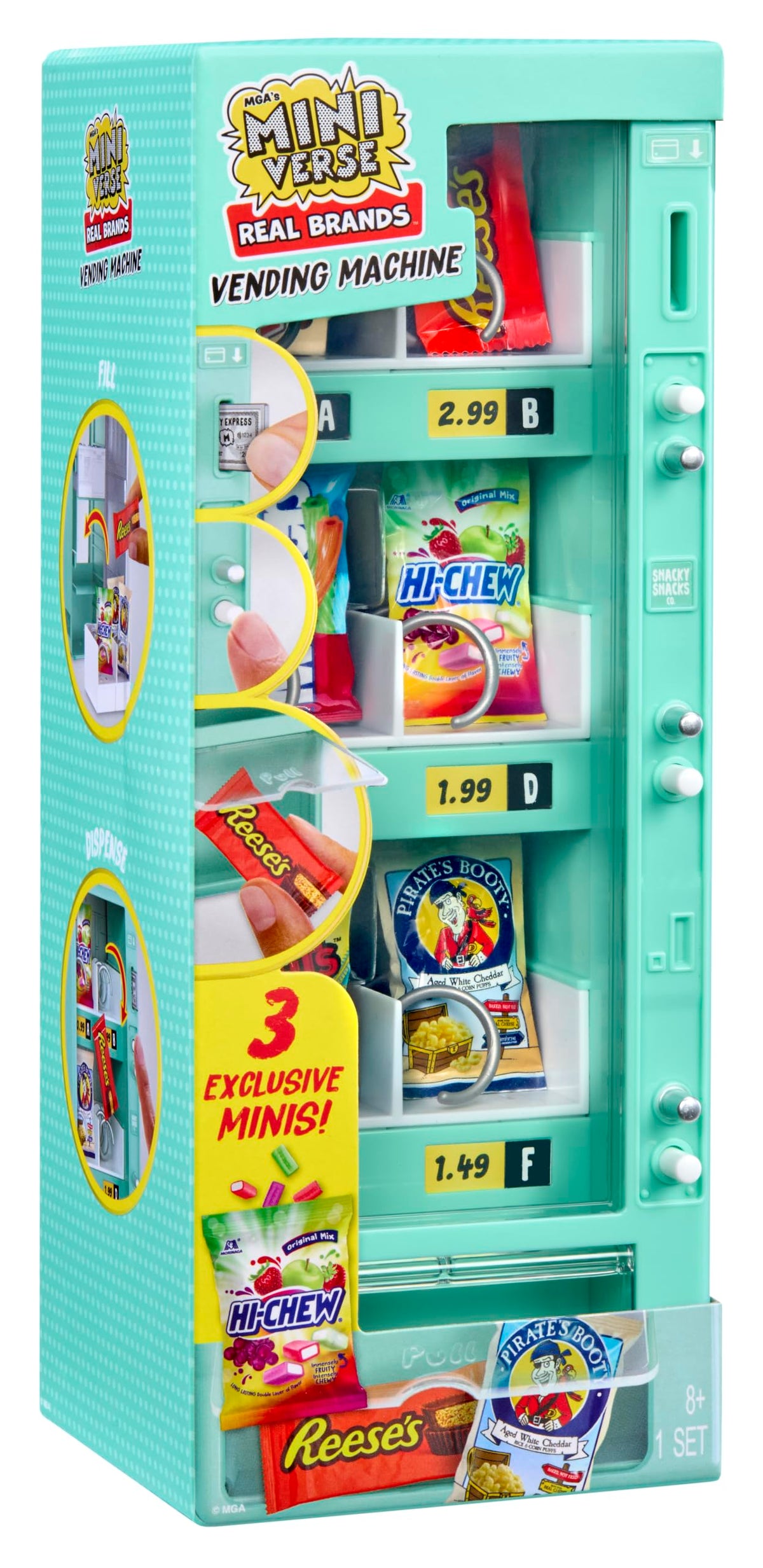 MGA's Miniverse vending machine front packaging showing toy and minis benefits
